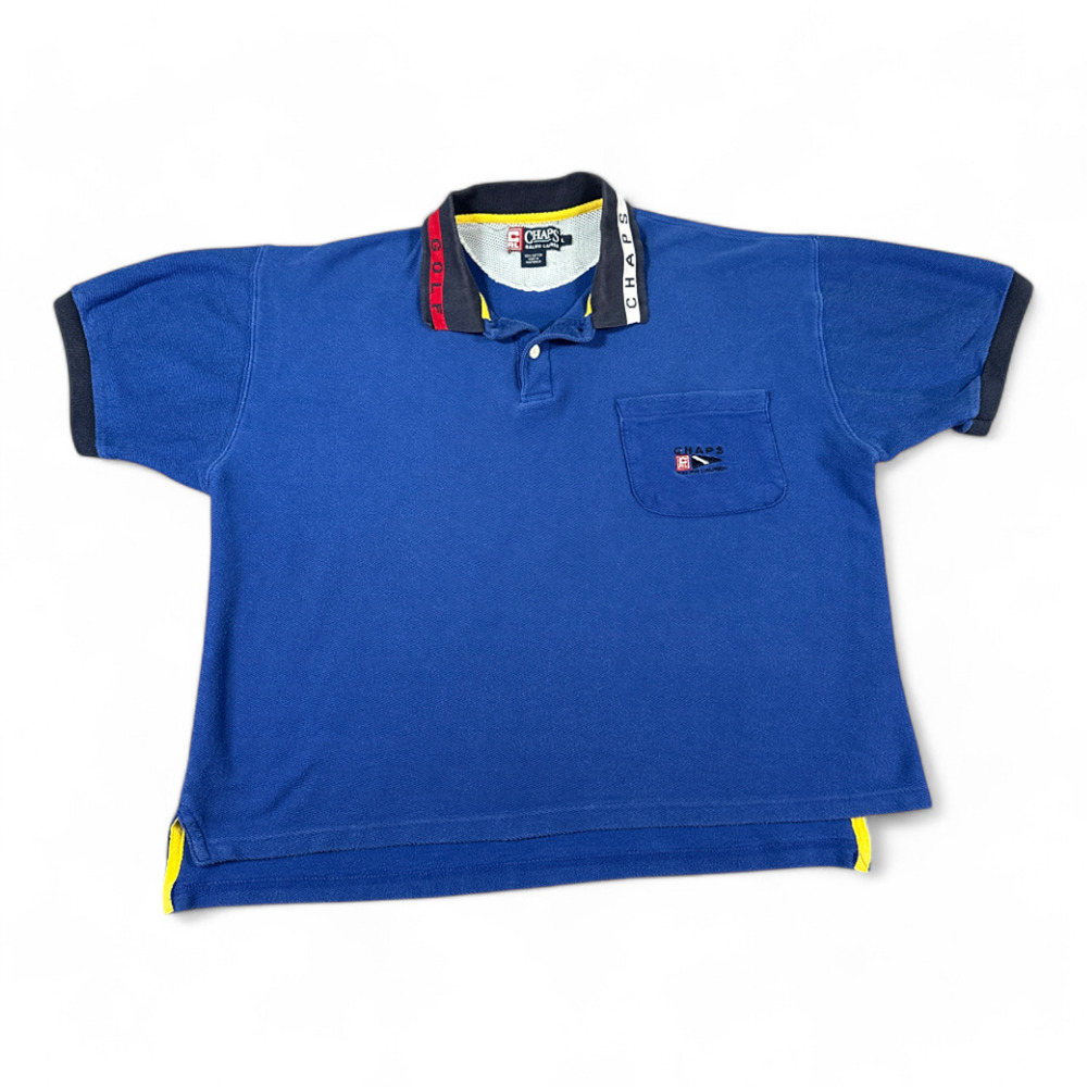 Vintage Chaps Ralph Lauren Golf Polo Shirt Adult LARGE Blue Spell Out 90s Pocket